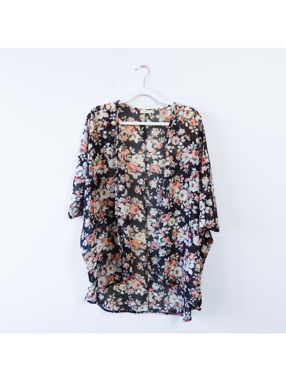 Sheer Boho Floral Kimono Black 1XL